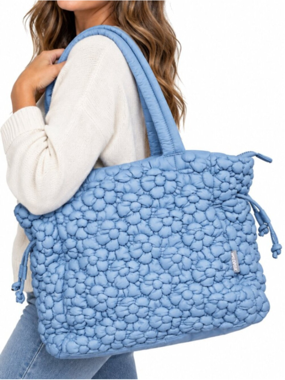 WILDFOX Quilted Floral Puffy Tote Bag Purse Blue Padded Trendy Casual Office
